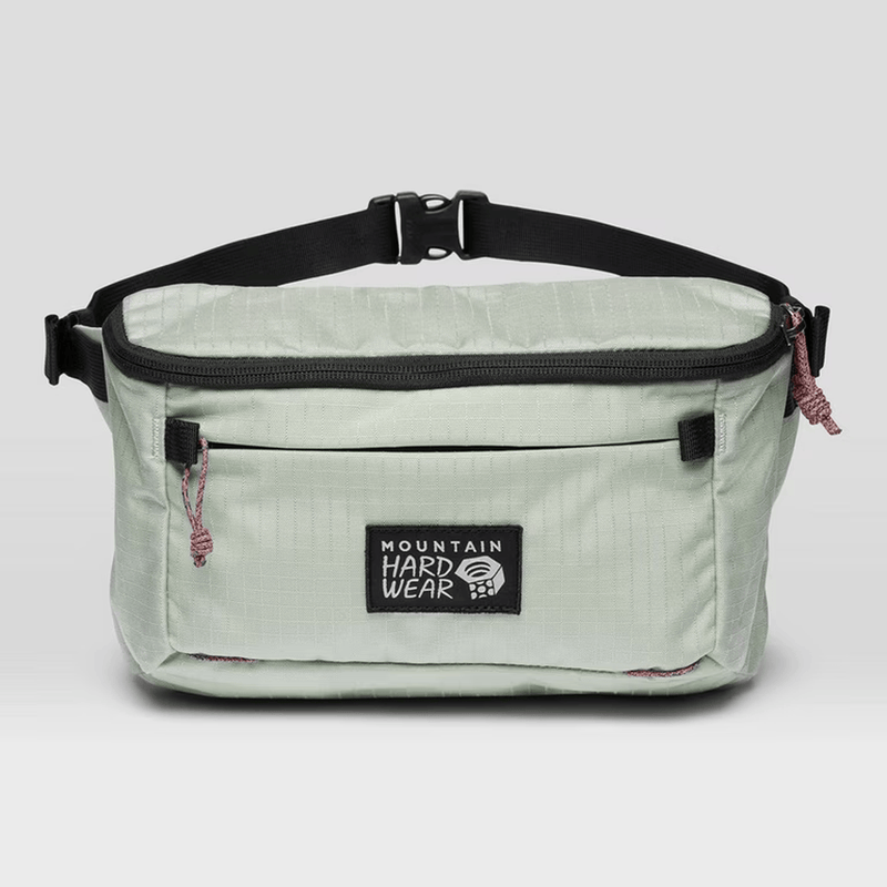 Load image into Gallery viewer, Light green waist bag with black strap on a light gray background

