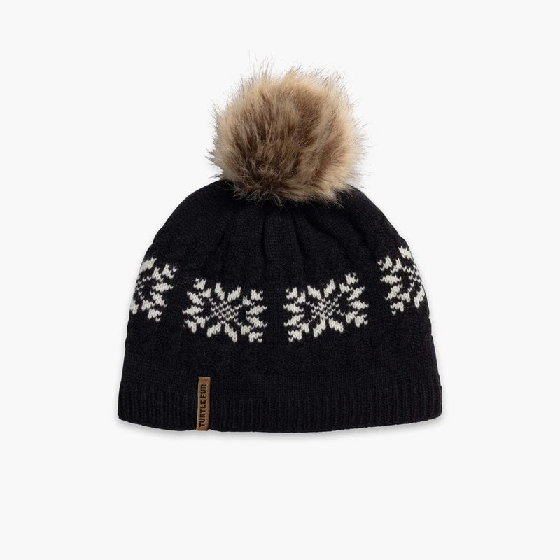 Load image into Gallery viewer, Black knit beanie with snowflake patterns and a fur pom-pom on a white background

