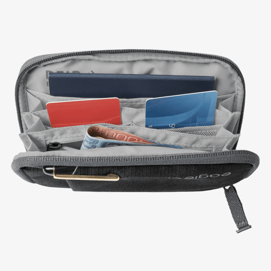 Gray travel wallet with compartments for cards and money on a white background