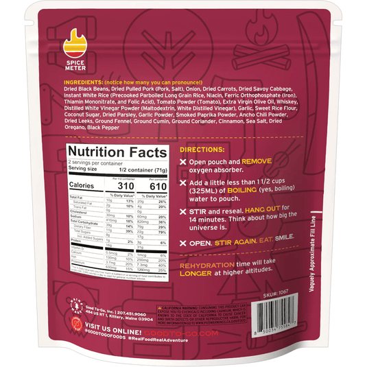 Back of a food package with nutrition facts, directions, and branding on a white background