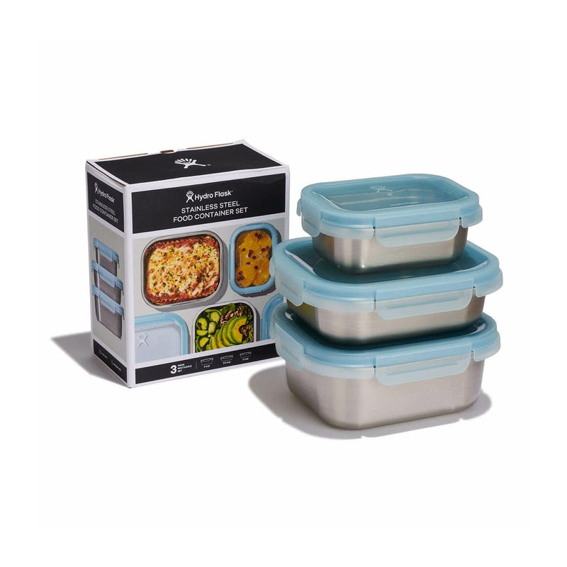 Load image into Gallery viewer, Set of stainless steel food containers with blue lids and packaging on a white background
