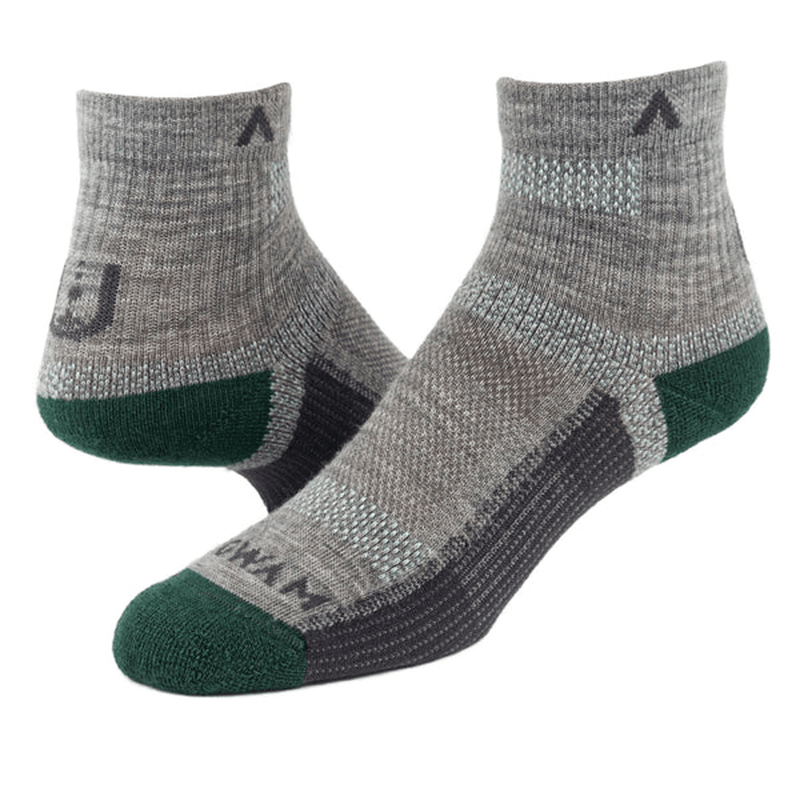 Load image into Gallery viewer, Pair of gray ankle socks with green toes and heels on a white background
