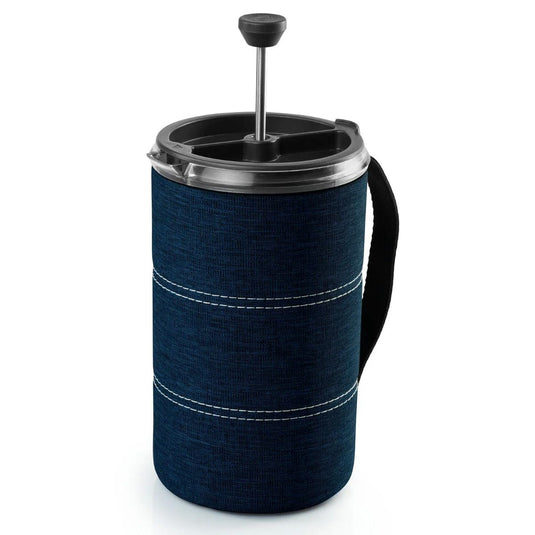 Blue fabric-covered coffee press on a white background