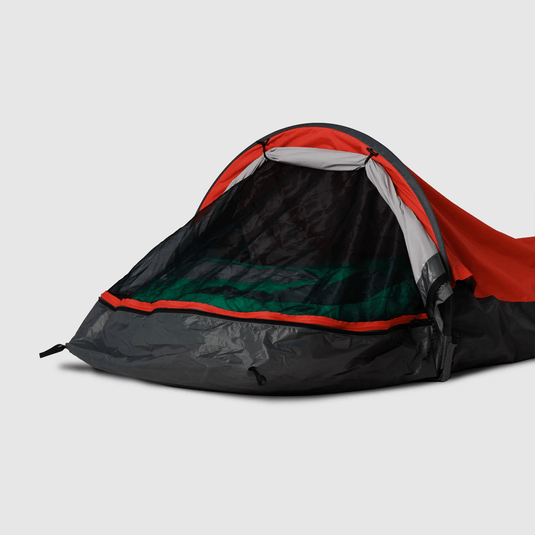 Black and red tent on a light gray background