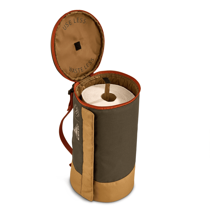 Load image into Gallery viewer, Brown and beige cylindrical container with a roll of toilet paper inside, featuring 'Use Less Waste Less' text.
