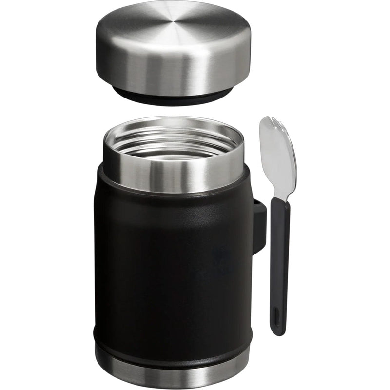 Load image into Gallery viewer, Black insulated mug with silver lid and spoon on a white background
