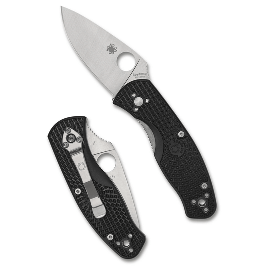 Open and closed Spyderco knife on a white background