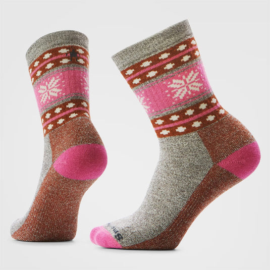 Pair of patterned socks with pink, brown, and gray colors on a light gray background