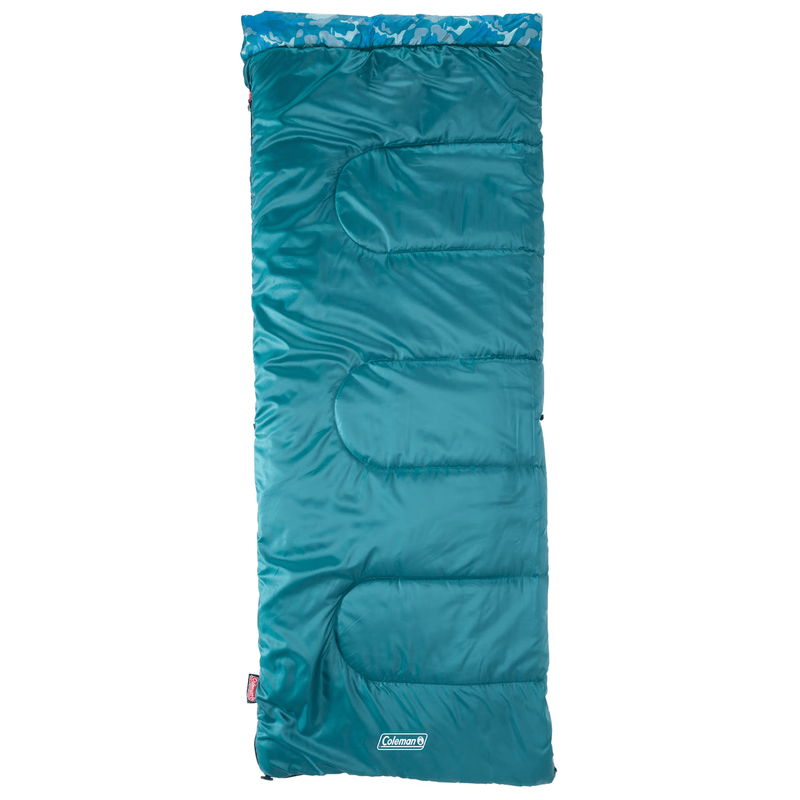 Load image into Gallery viewer, Teal sleeping bag with blue interior on a white background
