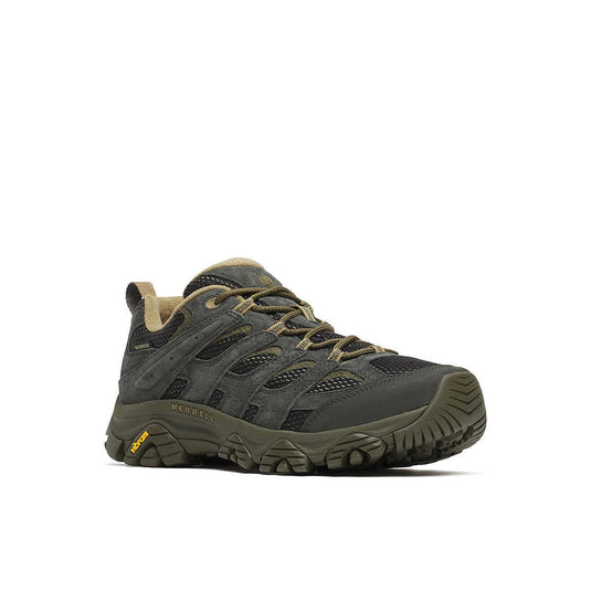 Dark gray hiking shoe with beige accents on a white background
