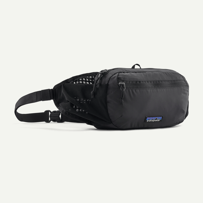 Load image into Gallery viewer, Black waist bag with Patagonia logo on a white background
