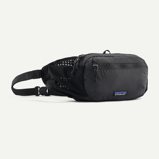 Black waist bag with Patagonia logo on a white background