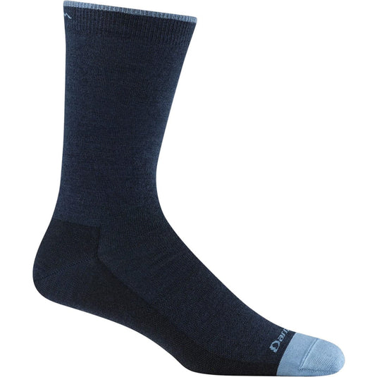 Dark blue sock with light blue heel and toe on a white background