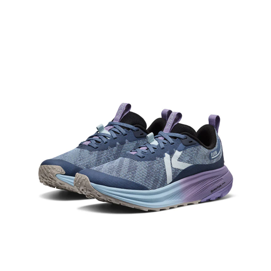 Pair of blue running shoes with purple accents on a white background