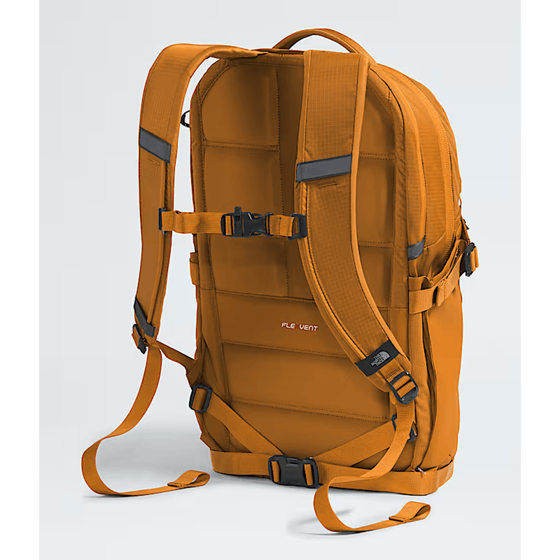 Load image into Gallery viewer, Orange backpack with multiple straps and buckles on a light gray background

