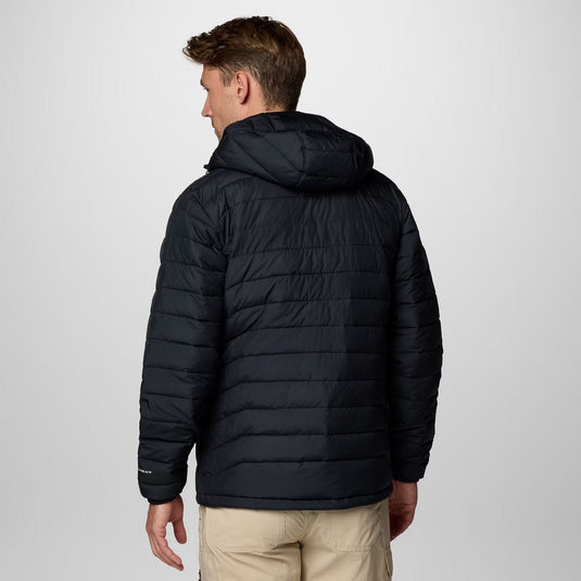 Man wearing a black puffer jacket on a light gray background