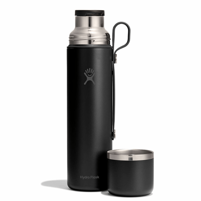 Load image into Gallery viewer, Black hydro flask with a smaller black cup on a white background

