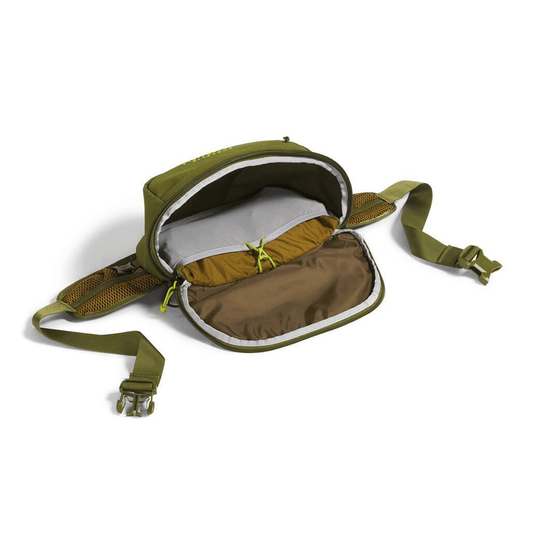Green tactical pouch with multiple compartments on a white background