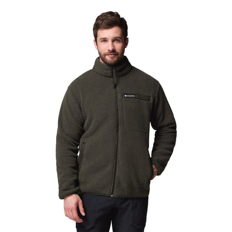 Load image into Gallery viewer, Man wearing a green fleece jacket with a brand logo on a white background
