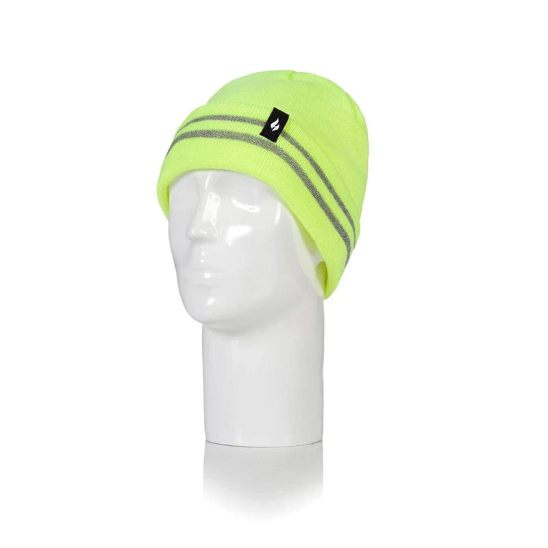 Load image into Gallery viewer, Neon green beanie with reflective strip on a mannequin head against a white background

