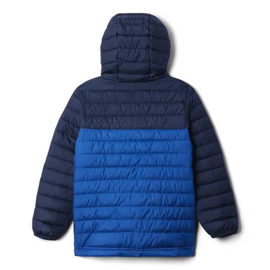 Blue and navy puffer jacket on a white background