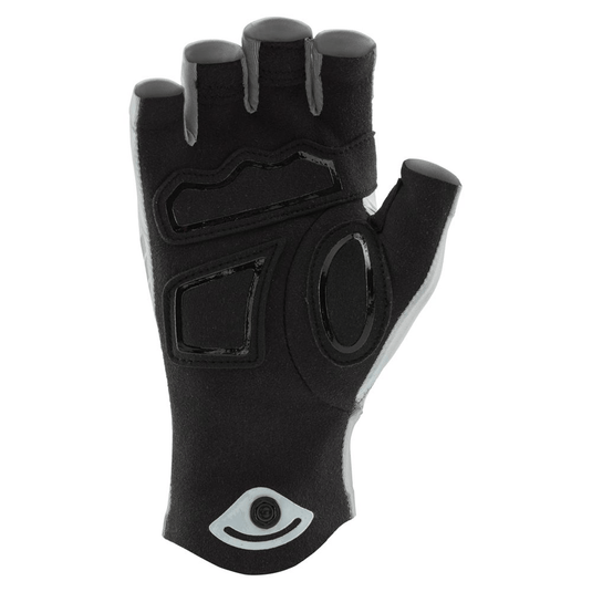 Black half-finger glove with a brand logo on a white background
