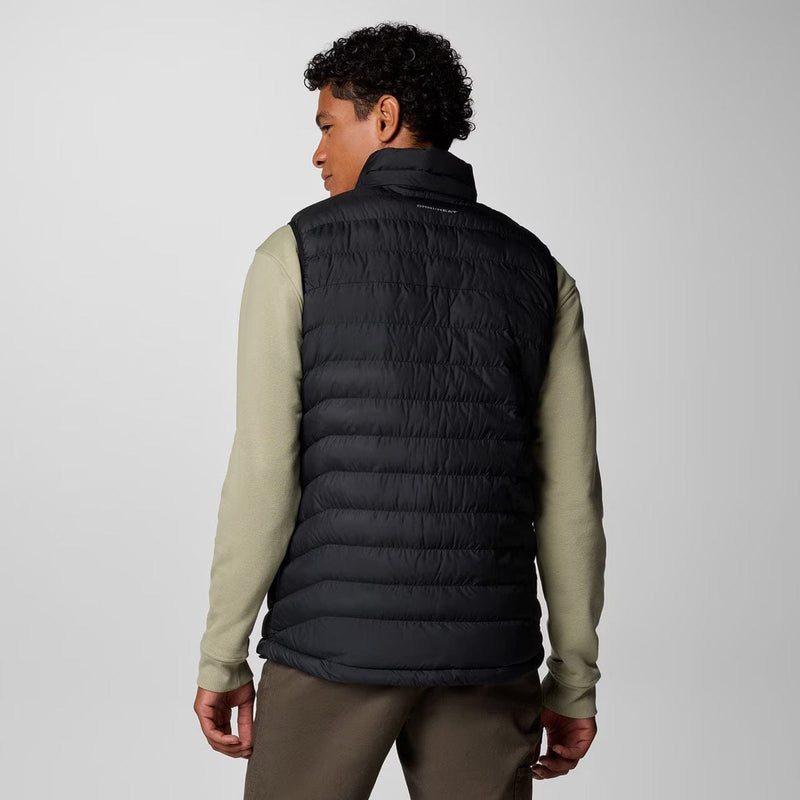Load image into Gallery viewer, Person wearing a black puffer vest over a light green shirt on a gray background
