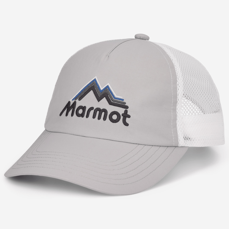 Load image into Gallery viewer, Gray and white cap with Marmot logo on a white background
