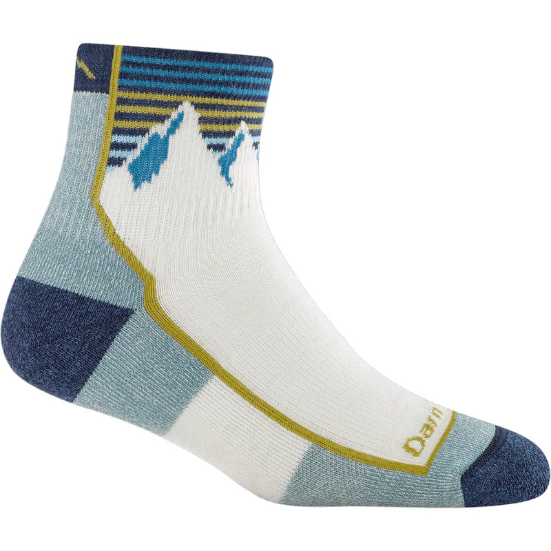 Load image into Gallery viewer, Sock with mountain design and blue, white, and yellow colors on a white background
