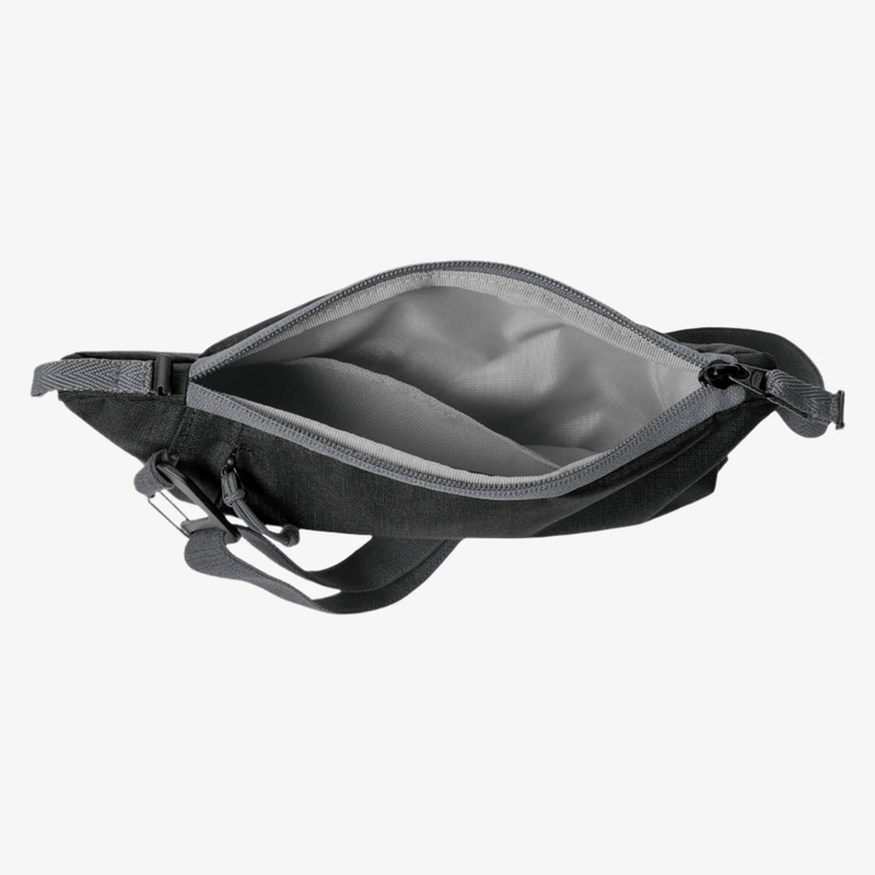 Load image into Gallery viewer, Black waist bag with a zipper on a white background
