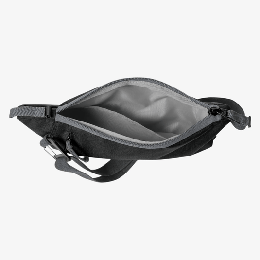 Black waist bag with a zipper on a white background
