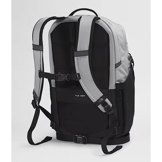 Gray and black backpack with visible brand logo on a white background