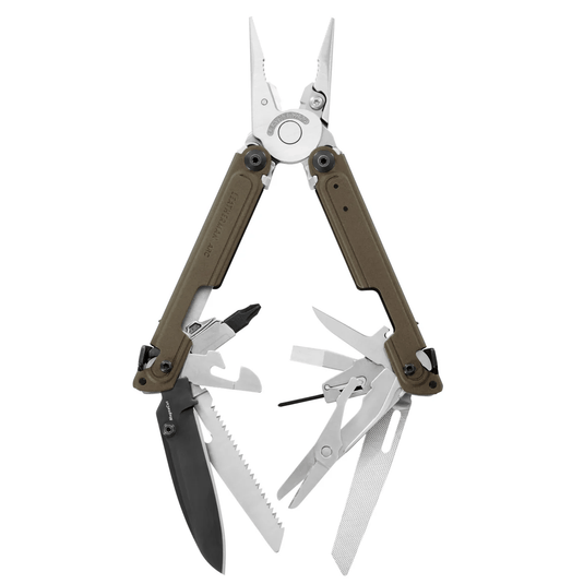 Multitool with various tools extended on a white background