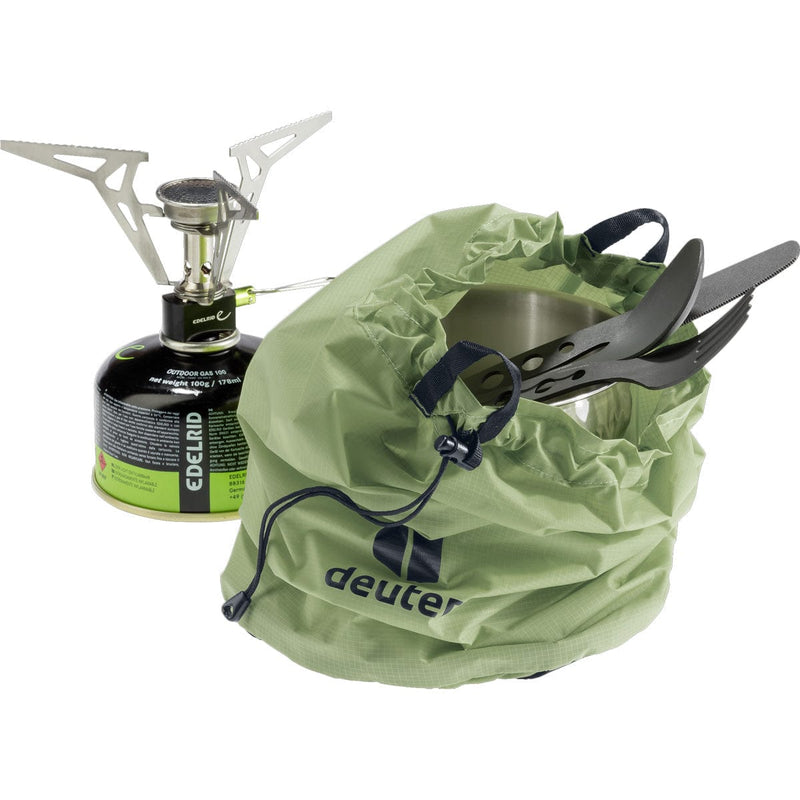 Load image into Gallery viewer, Camping stove with accessories and Edelrid fuel canister on a white background
