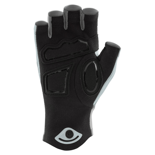 Black half-finger glove with a brand logo on a white background
