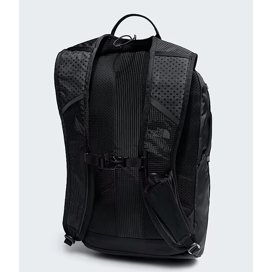Black backpack on a light gray background