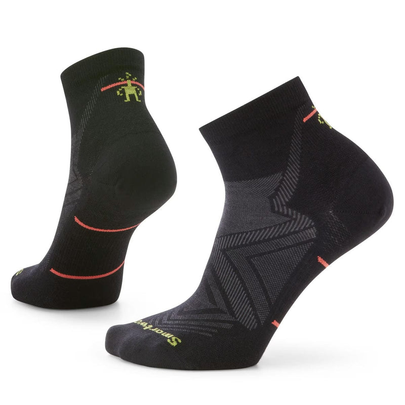 Load image into Gallery viewer, A pair of Smartwool women's run zero cushion ankle socks in red color with purple and orange accents.
