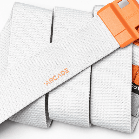 Gray strap with orange clip and 'Arcade' branding on a white background