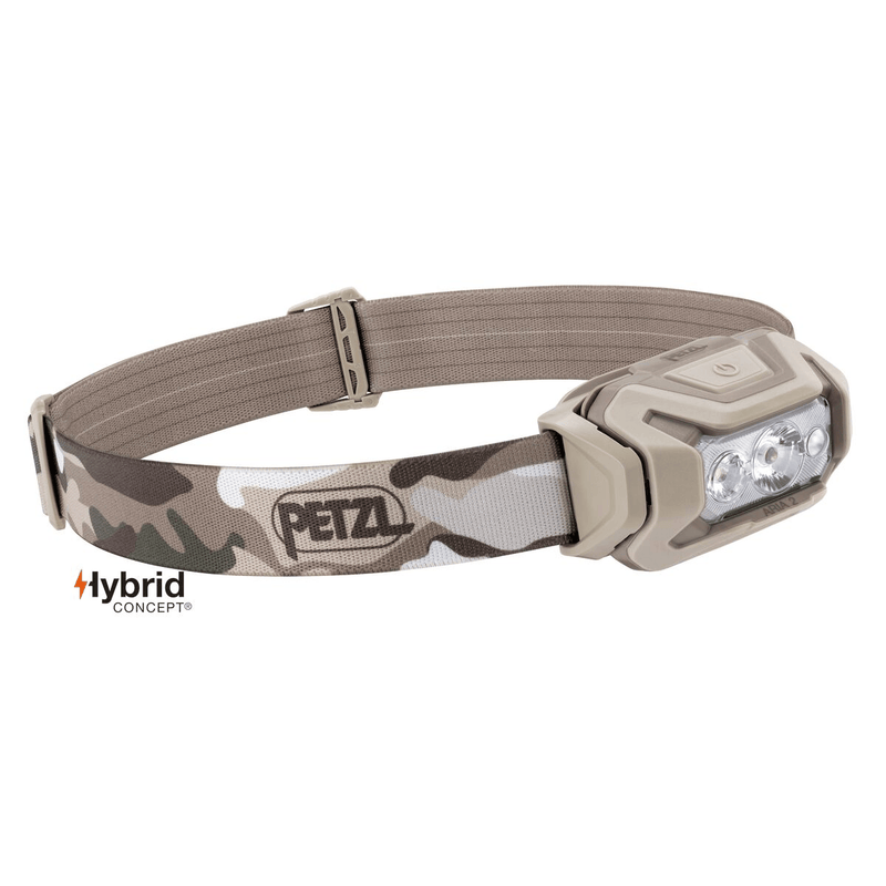 Load image into Gallery viewer, Camo-patterned headlamp with Petzl logo on a white background
