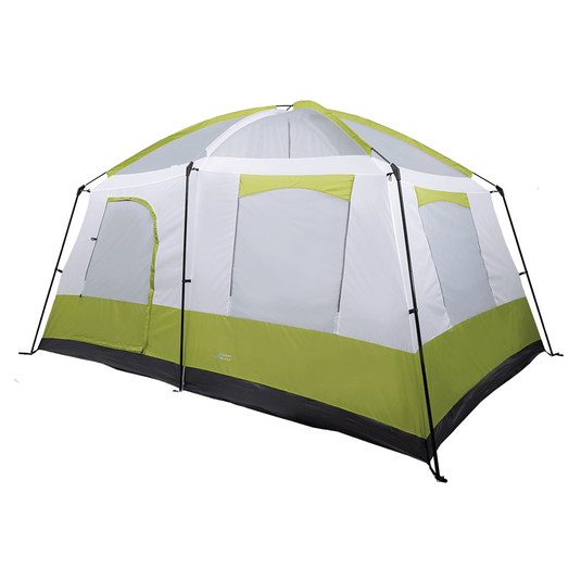 Green and white camping tent on a white background