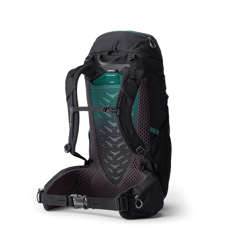 Load image into Gallery viewer, Black and teal backpack on a white background
