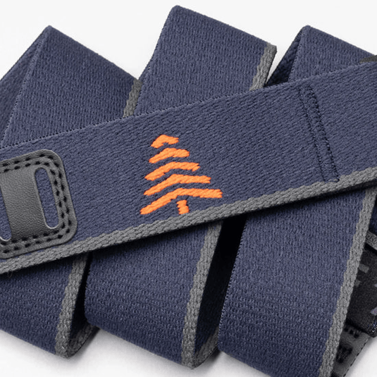 Navy blue wrist wrap with orange logo on a white background