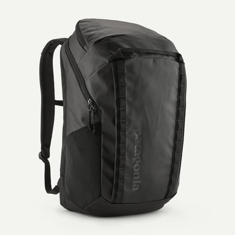 Load image into Gallery viewer, Black and gray backpack with Patagonia branding on a white background

