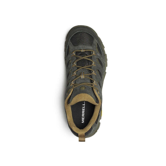 Green hiking shoe with brown accents on a white background