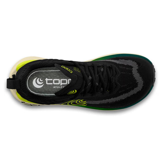 Black and green athletic shoe with 'topr' branding on a white background