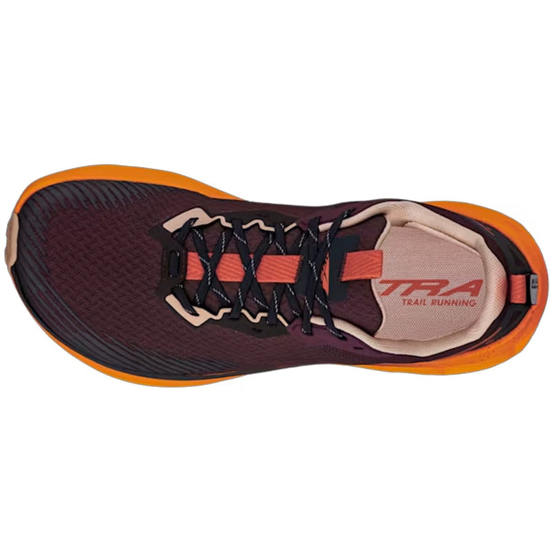 Load image into Gallery viewer, Trail running shoe with orange sole and maroon side on a white background
