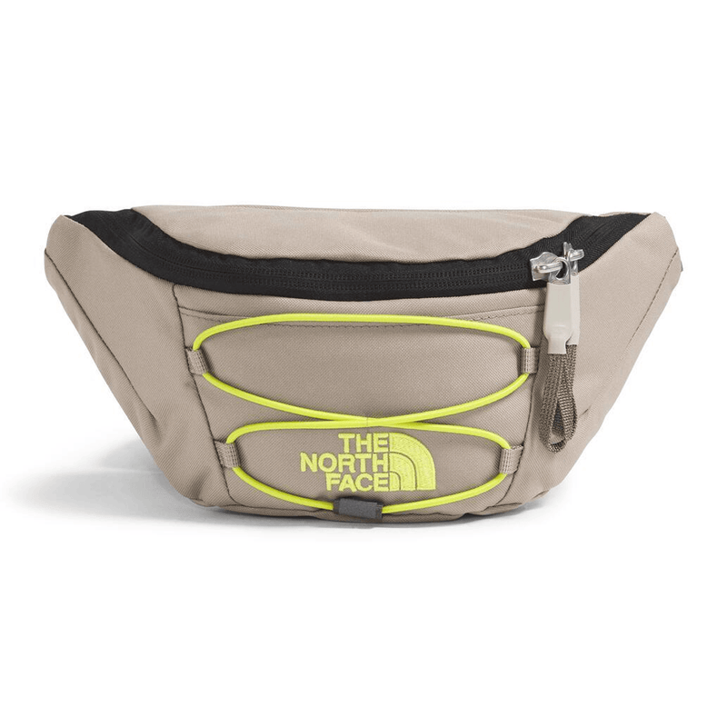 Load image into Gallery viewer, Beige waist bag with black zipper and green accents on a white background, featuring The North Face logo.
