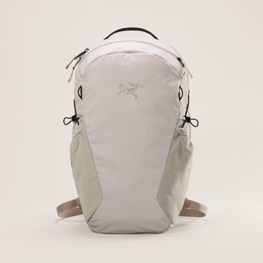 Light gray backpack with a brand logo on a white background