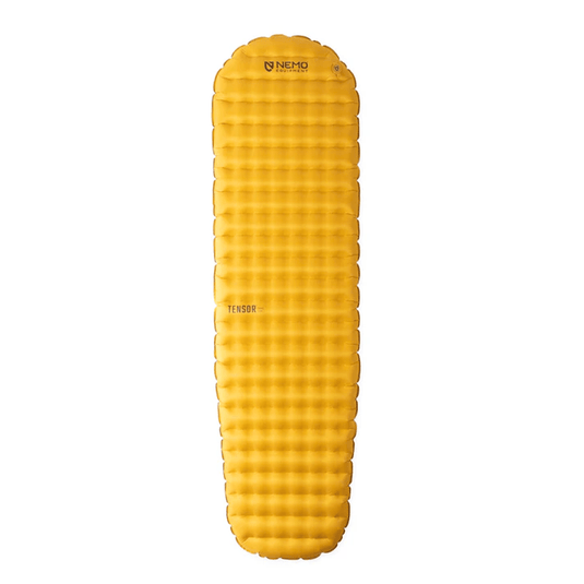 Yellow sleeping pad with grid pattern on a white background