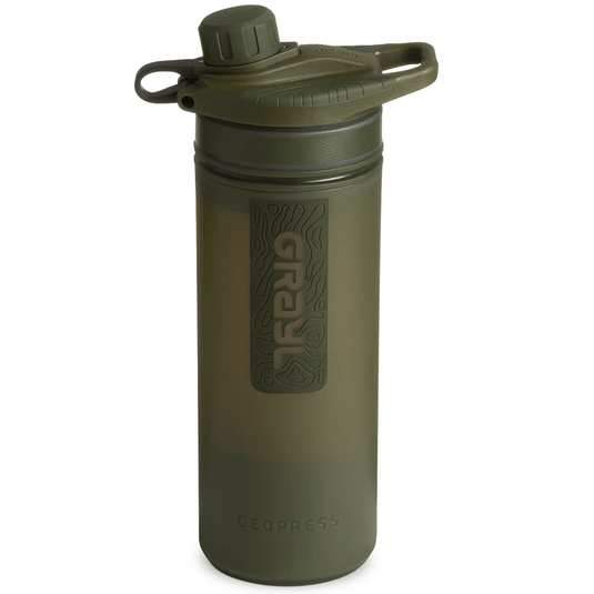 Green water bottle with lid on a white background